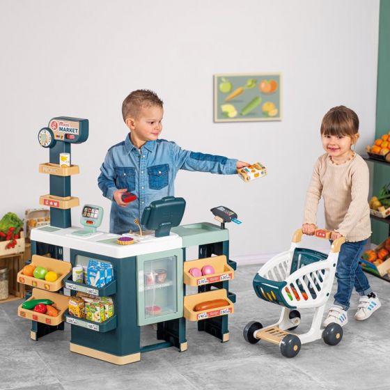 Smoby Maxi Market legebutik med legemad og penge - indkøbsvogn medfølger