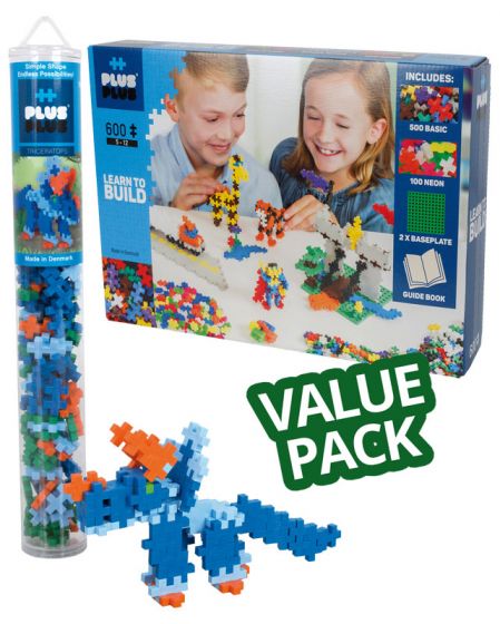 Plus Plus Basic Lär dig bygga Value Pack Learn to Build - byggsats med 600 bitar och 2 byggplattor - inklusive Dino Tube med 24 bitar