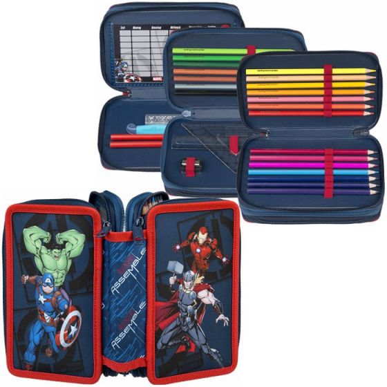 Avengers trippel pennfodral med färgpennor och skrivtillbehör