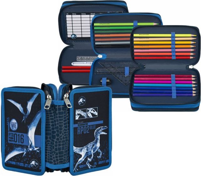 Jurassic World trippel pennfodral med färgpennor och skrivtillbehör