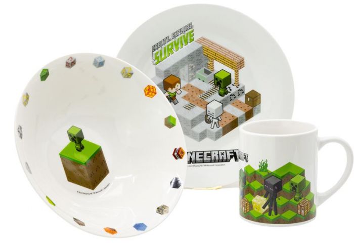 Minecraft servise - frokostsett i keramikk - tallerken, kopp og skål