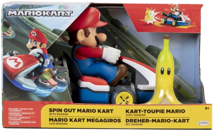 Nintendo Spin Out Mario Kart trekk-opp bil - Mario Kart lekebil med bananskall