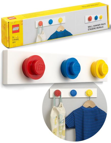 LEGO Storage Wall hanger rack - LEGO knaggrekke til barnerommet - rød, blå og gul