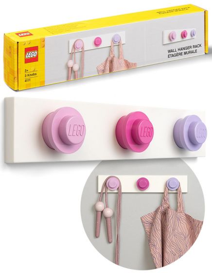 LEGO Storage Wall hanger rack - LEGO knaggrekke til barnerommet - mørk rosa, lys rosa og lilla