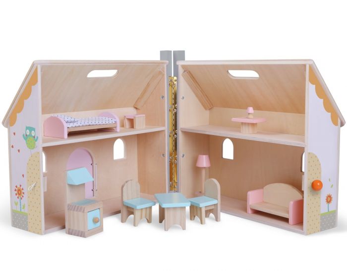 EduFun Mini Fold and Go 2-etasjes dukkehus i tre - med 10 møbler og tilbehør
