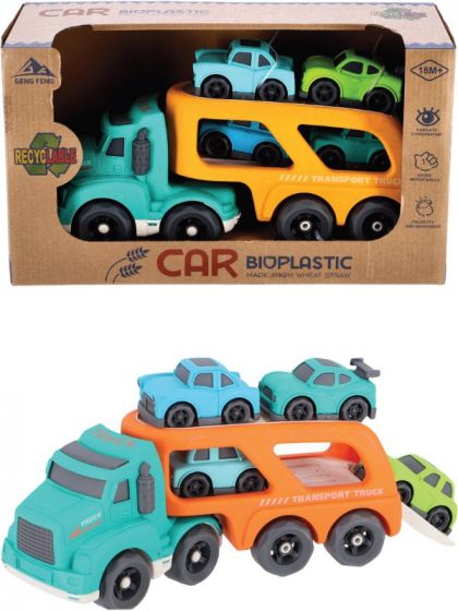 Biltransporter i bioplast med 4 legetøjsbiler