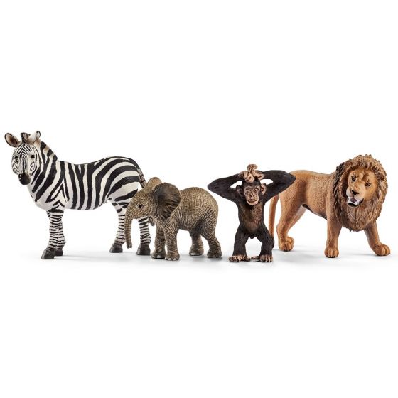 Schleich Ville dyr startsett med 4 figurer - løve, apekatt, elefant og sebra