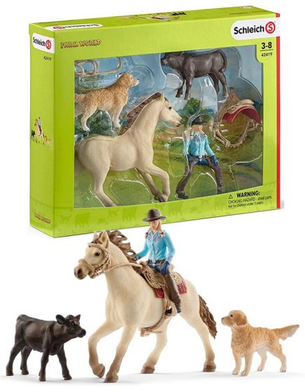 Schleich Westernridning figursæt - med rytter, hest, hund og kalv