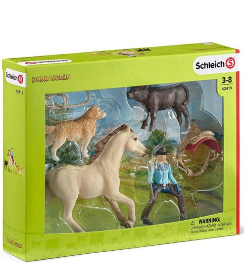 Schleich Westernridning figursæt - med rytter, hest, hund og kalv