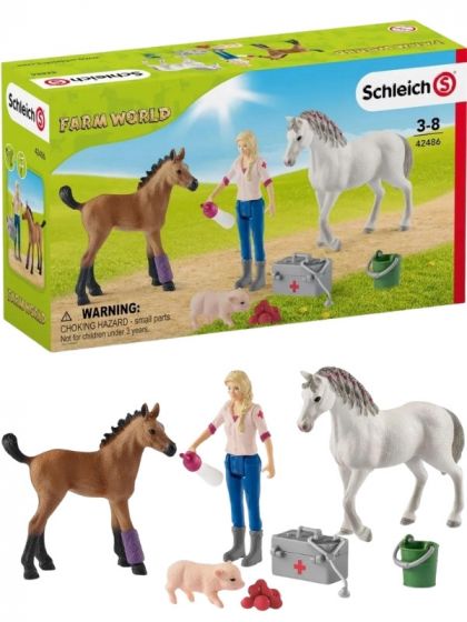 Schleich Veterinæsbesøk hos hoppa og føllet 42486 - figursett med hester, figur og grisunge