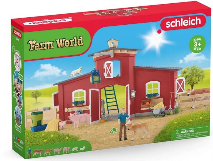 Schleich Farm World 42606 Rød lade med bonde, dyr og tilbehør