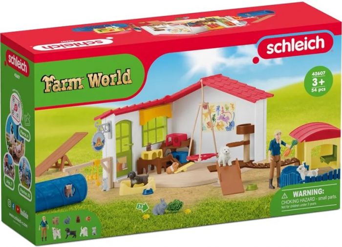 Schleich Farm World 42607 Kæledyrs-hotel med figurer, dyr og tilbehør - 54 dele