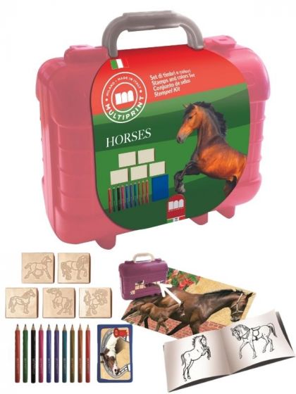 Multiprint Horses Travel Set - koffert med fargeblyanter, stempler, klistremerker og aktivitetsbok