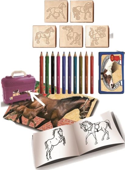 Multiprint Horses Travel Set - koffert med fargeblyanter, stempler, klistremerker og aktivitetsbok