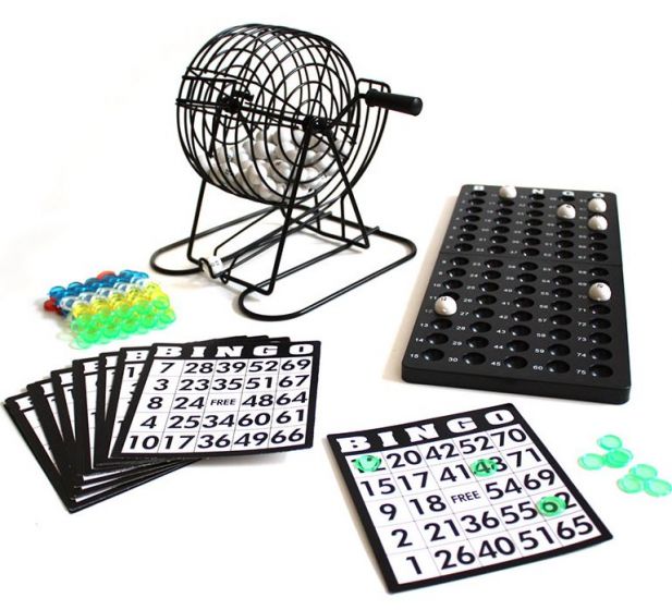 Bingo - klassisk lottospill med metallkorg, spillebrett og 75 baller