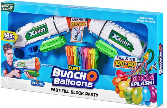 Zuru Bunch O Balloons Fast-Fill Block Party - 2 X-shot blasters och 165 Neon Splash vattenballonger
