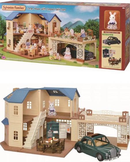Sylvanian Families Stort hus med carport - möbler, bil och en kaninfigur 