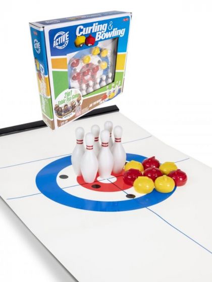 Tactic Bowling & Curling bordsspel - 8 curlingstenar, 6 bowlingkäglor och spelmatta 28 x 120 cm