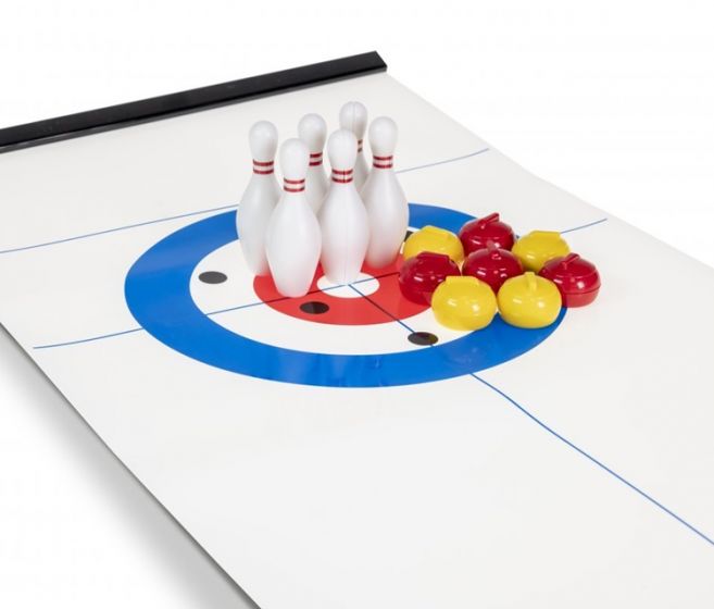 Tactic Bowling & Curling bordsspel - 8 curlingstenar, 6 bowlingkäglor och spelmatta 28 x 120 cm