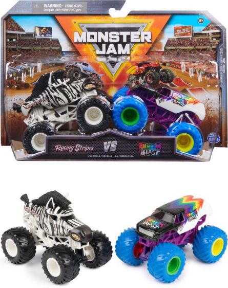 Monster Jam 2 pack 1:64 Die Cast - Racing Stripes vs Rainbow Blast metallbiler