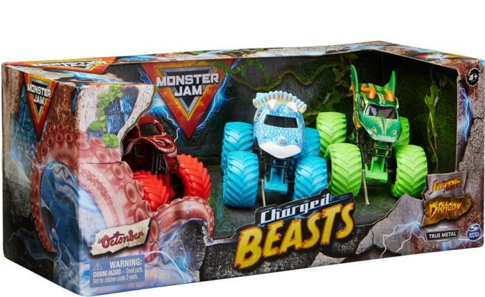 Monster Jam Charged Beasts 1:64 True Metal 3 Pack - Dragon, Octon8er och Jurassic Attack