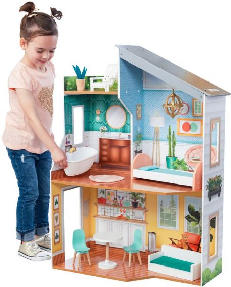 KidKraft Emily dukkehus i tre med skråtak - med 10 møbler og tilbehør