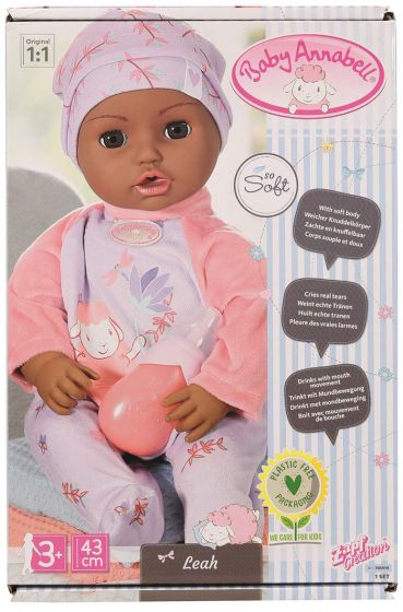 Baby Annabell Leah - dukke med brune øyne - 43 cm - dukken som lager søte babylyder, beveger munnen, gråter ekte dukketårer og har øyne som lukkes