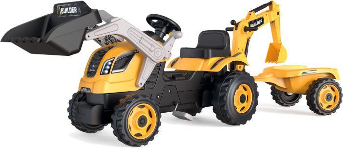 Smoby Builder Max tramptraktor med släp - stor traktor med grävarm och skopa - från 3 år