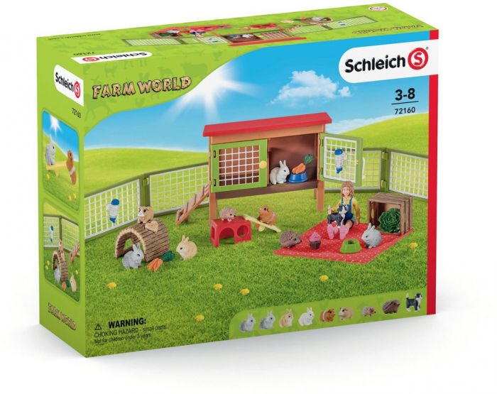 Schleich Farm World Picnic med små venner 72160 - figursæt med kaninbur og dyrefigurer - 29 dele
