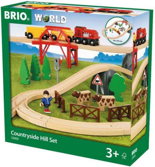 BRIO World Countryside Hill 33909 - togsett med togbane, lokomotiv, bro og tilbehør - 36 deler