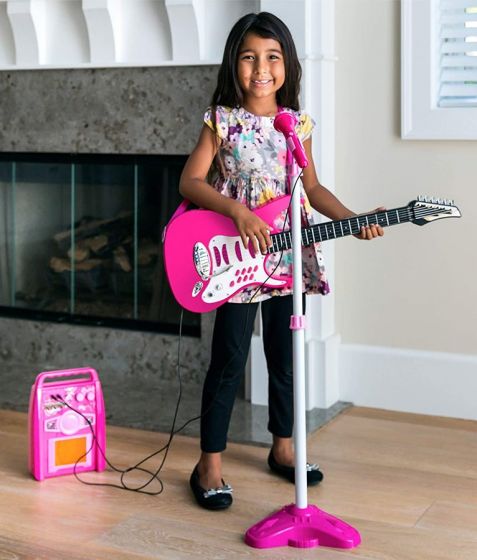 Elektrisk gitarr med mikrofon och förstärkare med MP3-anslutning- rosa