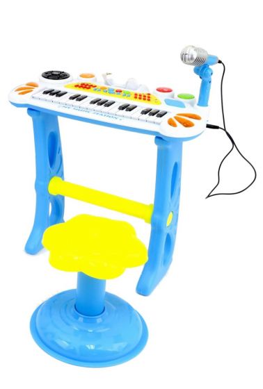 Keyboard med mikrofon og skammel - sjove lyde og tangenter - blå, hvid og gul