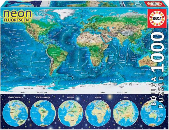 Educa Puslespill 1000 brikker - World Map, Neon - verdenskart