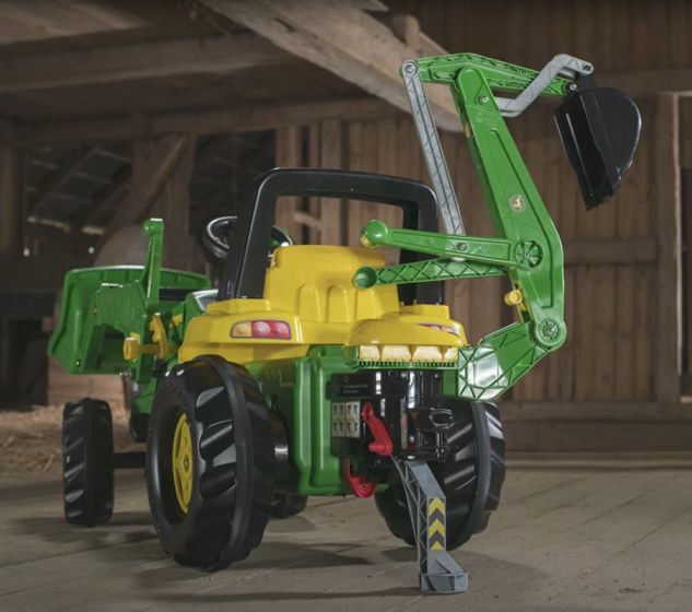 Rolly Toys rollyJunior: John Deere tramptraktor med frontlastare och grävarm med stödben