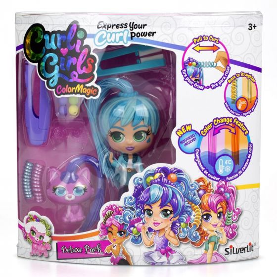 Curli Girls ColorMagic Deluxe Pack - Adeli med Curlipet dukkesett - hårstylingsdukke med hår som skifter farge - 14 cm