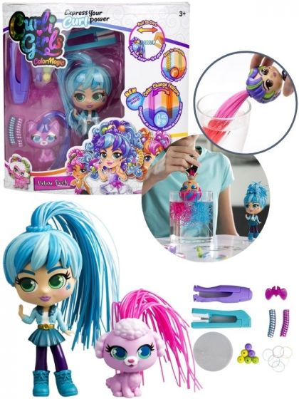 Curli Girls ColorMagic Deluxe Pack - Adeli med Curlipet dukkesett - hårstylingsdukke med hår som skifter farge - 14 cm