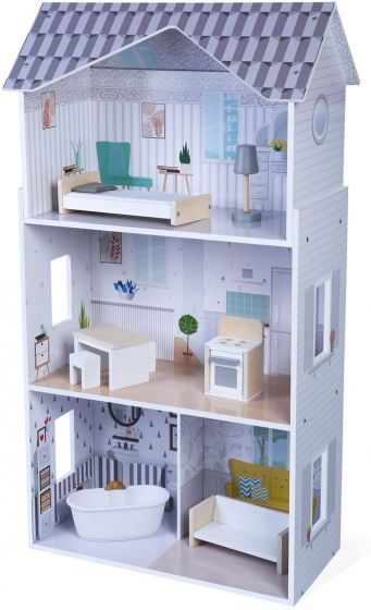 EduFun dockskåp i trä med 3 våningar - 8 möbler ingår - passar dockor på 10-25 cm