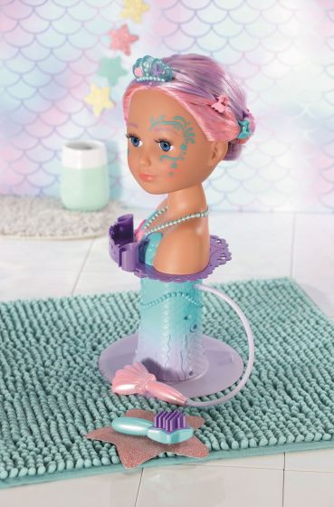 BABY Born Sister Styling Mermaid sminkedukke - frisørhode til vann med dusjhode og 8 tilbehør