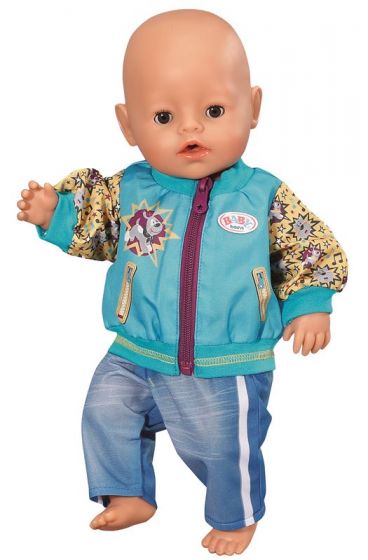 BABY Born outfit - blå bukser og turkis jakke med print til dukke 43 cm
