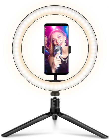 PartyFun Lights Selfie-ring med LED-lys 26 cm - med telefonstativ og minitripod