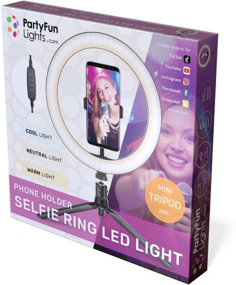 PartyFun Lights Selfie-ring med LED-lys 26 cm - med telefonstativ og minitripod