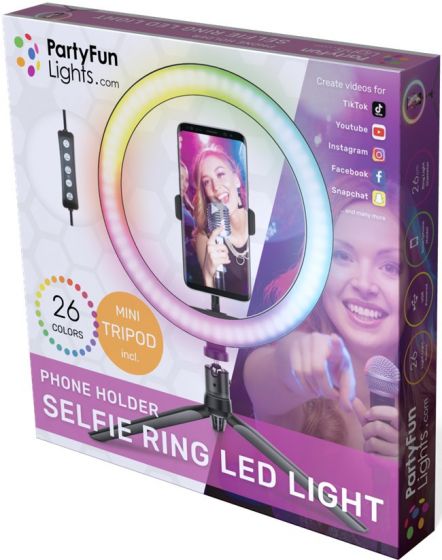 PartyFun Lights RGB Selfiering med LED-lys - mini-tripod og telefonstativ inkluderet - 26 cm