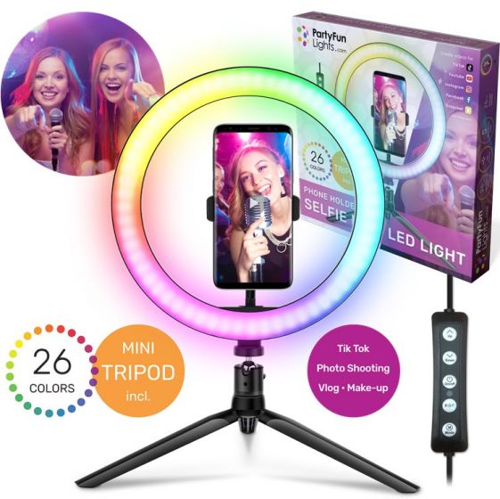 PartyFun Lights RGB Selfie-ring med LED-ljus - med mini-tripod och telefonstativ - 26 cm