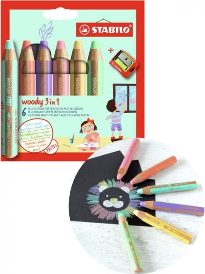 STABILO Woody 3-i-1 Pastel - 6 färgpennor - rita på glas och papper