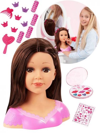 Charlene Super Model sminkedukke med brunt hår - frisørhoved med stylingtilbehør - 27 cm
