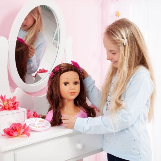Charlene Super Model sminkedukke med brunt hår - frisørhode med stylingtilbehør - 27 cm