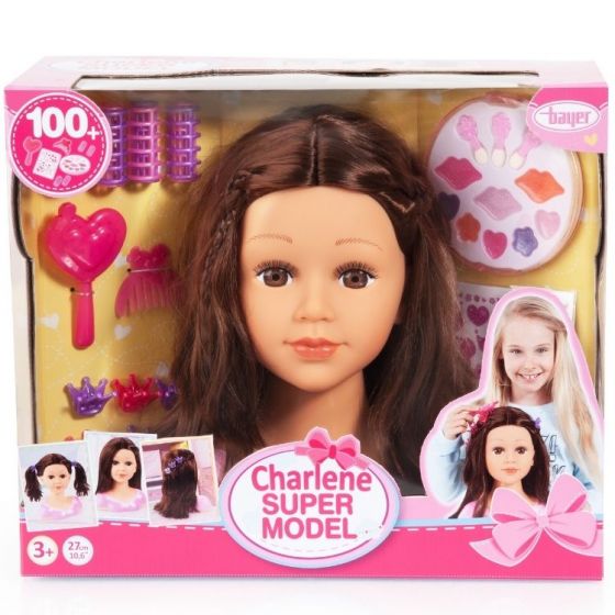 Charlene Super Model sminkdocka med brunt hår - stylinghuvud med tillbehör - 27 cm