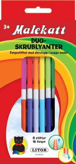Malekatt skrublyanter - 8 fargestifter med skrutupp i begge ender - 16 farger