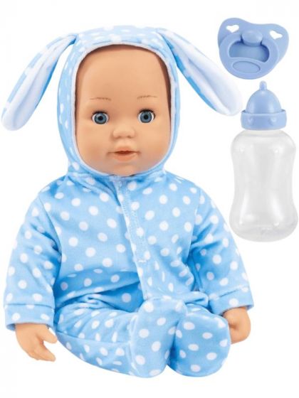 Bayer Design First Words baby - Anna dukke med myk kropp, blå drakt, smokk og flaske - 38 cm