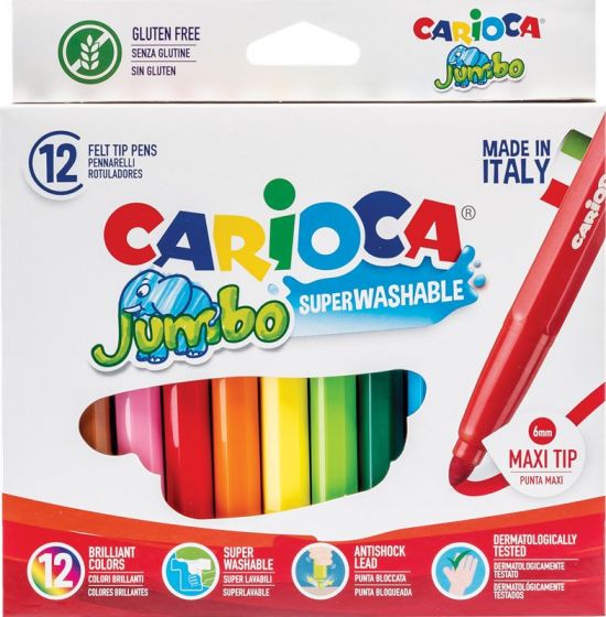 Carioca Super Washable Jumbo tuschpennor - 12 färger - tvättbara tuschpennor med bred spets